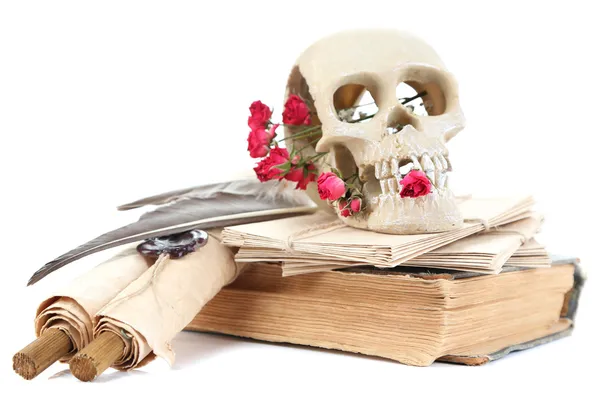 Totenkopf, Weidenherz und getrocknete Rosen auf altem Buch isoliert auf weiß. Konzeptfoto von Liebeszauber — Stockfoto