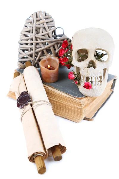 Crânio, coração de vime e rosas secas em livro velho isolado em branco. Foto conceitual da magia do amor — Fotografia de Stock
