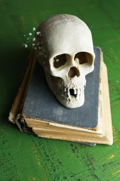 Kafatası üzerinde renk ahşap zemin üzerinde eski kitap — Stok fotoğraf