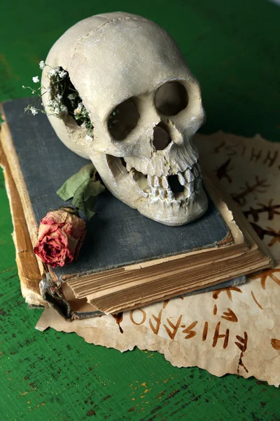 Kafatası üzerinde renk ahşap zemin üzerinde eski kitap — Stok fotoğraf