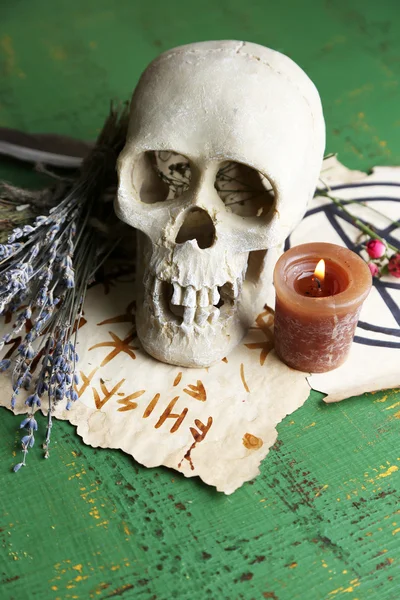 Composition with skull, old magic symbols, candle and dry herbs  on color wooden background — Stock Photo, Image