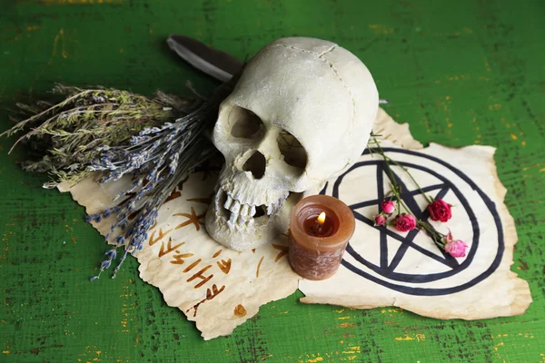 Kafatası, eski sihirli sembolleri, mum ve renk ahşap zemin üzerinde kuru otlar ile kompozisyon — Stok fotoğraf