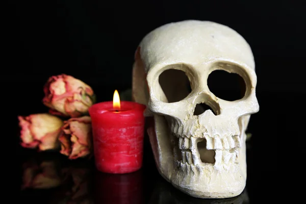 Composizione con teschio, candela e rosa appassita isolata su nero — Foto Stock