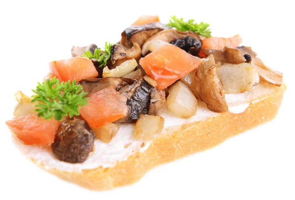 Delicious bruschetta with mushrooms isolated on white — Stock Photo, Image