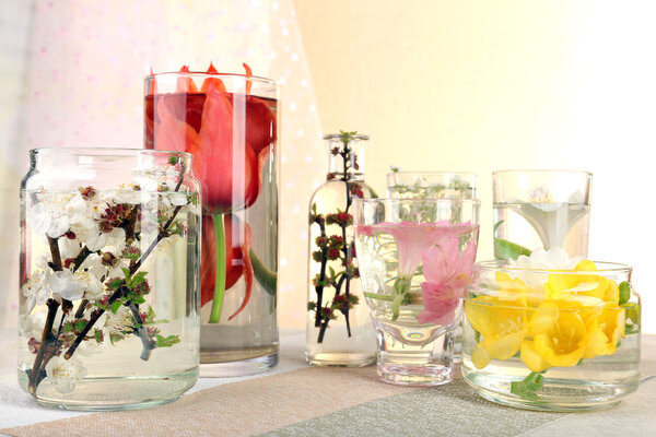 Spring flowers submerged in water close up