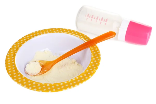 Alimenti per bambini e latte isolato su bianco — Foto Stock