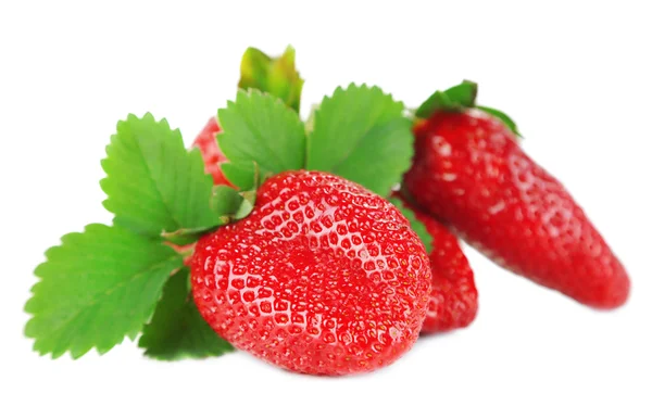 Strawberries with leaves isolated on white — Stock Photo, Image
