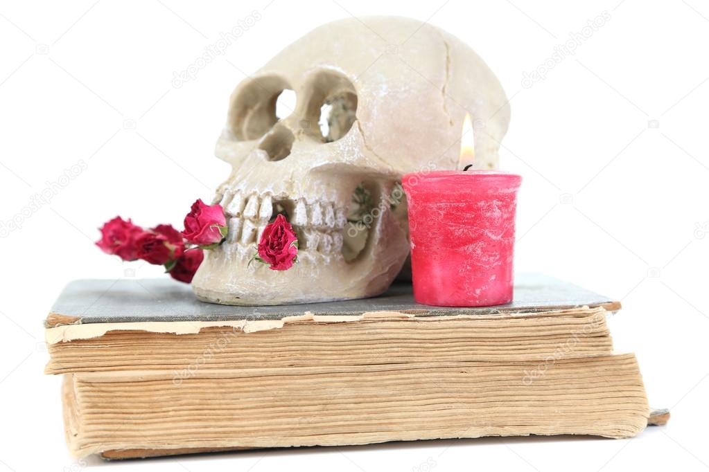 Skull with dried roses on old book and candle isolated on white