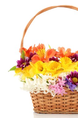 hasır sepet, güzel çiçekler üzerinde beyaz izole