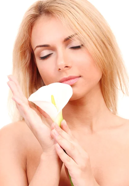 Beautiful young woman with white calla on white background close-up — Stock Photo, Image