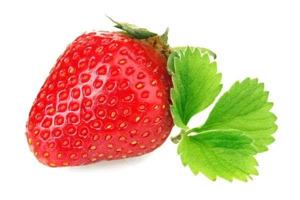 Söt mogen jordgubbe med blad isolerad på vit — Stockfoto