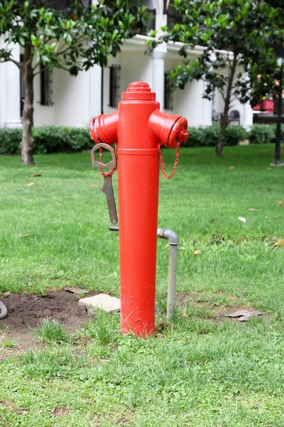 Červená voda hydrantu na trávníku — Stock fotografie