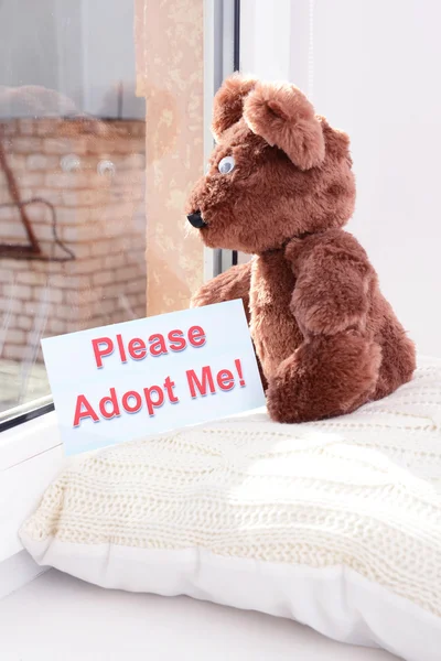 Toy-bear looking out window close-up — Stock Photo, Image