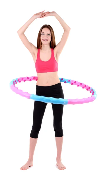 Frau macht Übungen mit Hula-Hoop-Reifen isoliert auf weiß — Stockfoto