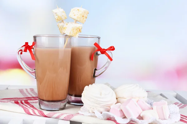 Hot chocolate with marshmallows, on light background — Stock Photo, Image