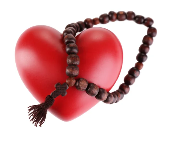 Heart with rosary beads isolated on white — Stock Photo, Image