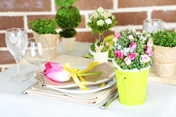Beautiful spring table setting on bright background — Stock Photo, Image