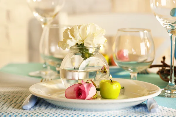 Beautiful holiday Easter table setting in blue tones, on light background — Stock Photo, Image