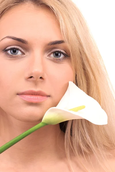 Beautiful young woman with white calla on white background close-up — Stock Photo, Image