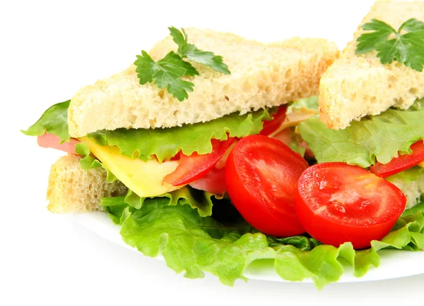 Свежие и вкусные сэндвичи на тарелке, изолированные на белом — стоковое фото