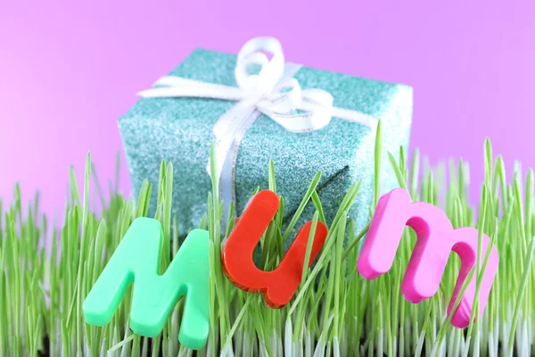 Geschenkbox für Mama auf Gras auf farbigem Hintergrund — Stockfoto