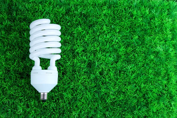 Energiesparlampe auf grünem Gras Hintergrund — Stockfoto