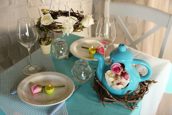 Beautiful holiday Easter table setting in blue tones, on light background — Stock Photo, Image