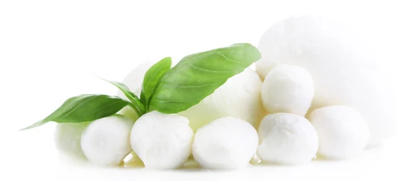 Tasty mozzarella with basil isolated on white — Stock Photo, Image