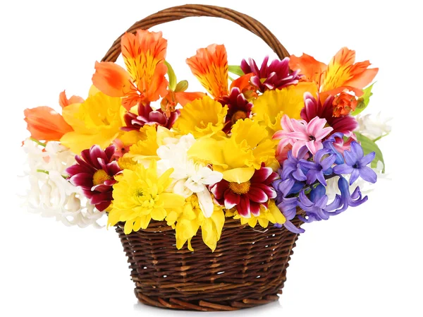 Beautiful flowers in wicker basket, isolated on white — Stock Photo, Image