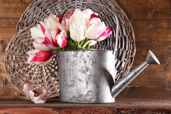 Mooie tulpen in gieter op houten achtergrond — Stockfoto