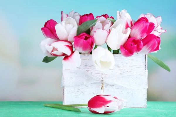 Hermosos tulipanes en caja de madera, sobre fondo claro — Foto de Stock