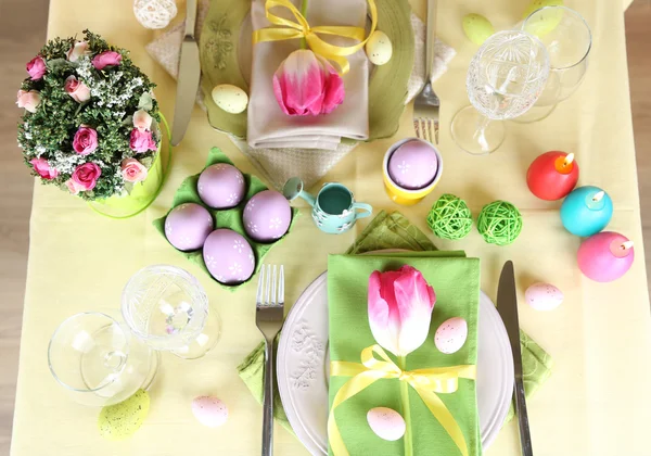 Beautiful spring table setting, top view — Stock Photo, Image