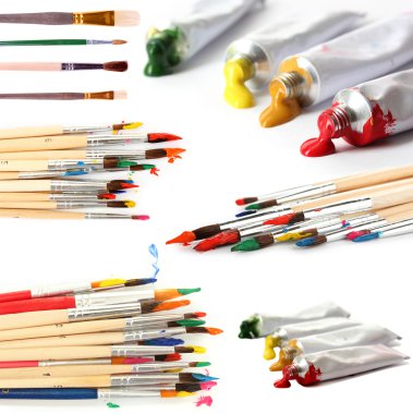Collage of paint brushes with acrylic paint in tubes isolated on white clipart