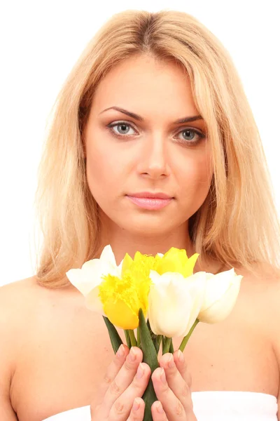 Beautiful young woman with a bouquet of tulips on white background close-up — Stock Photo, Image