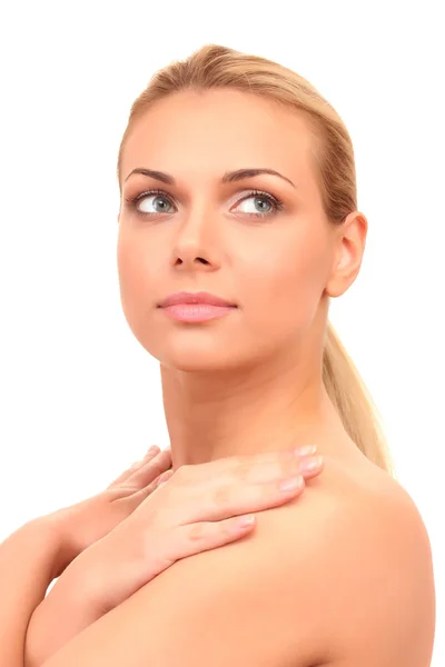 Beautiful woman's face on white background close-up — Stock Photo, Image