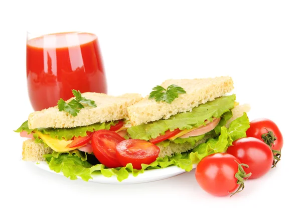 Fresh and tasty sandwiches on plate isolated on white — Stock Photo, Image