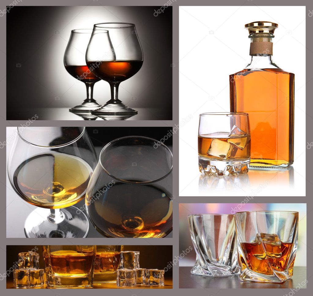 Collage of brandy glasses with ice