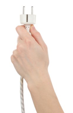 Elektrik fişi üzerinde beyaz izole tutmak el 