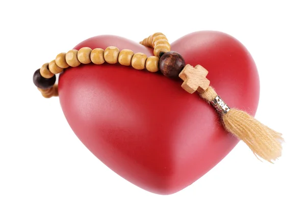 Heart with rosary beads isolated on white — Stock Photo, Image