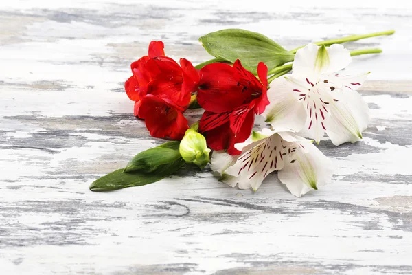 Bellissimi fiori di Alstroemeria sul tavolo di legno — Foto Stock