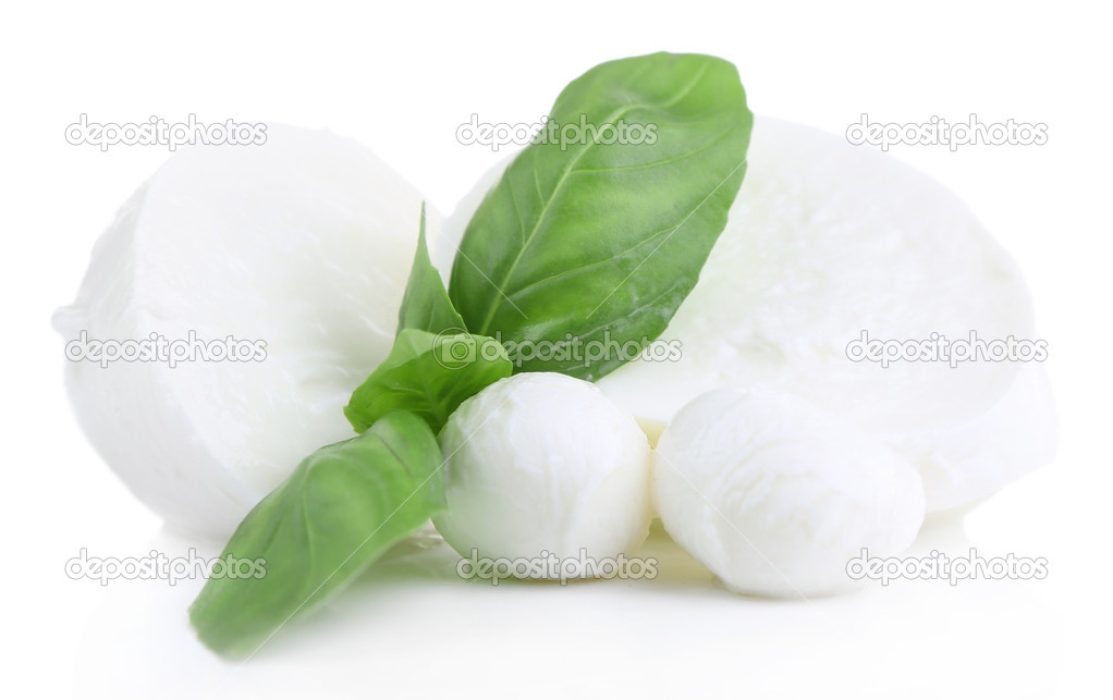 Tasty mozzarella with basil isolated on white