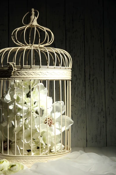 Krásný dekorativní klec s krásnými květinami — Stock fotografie