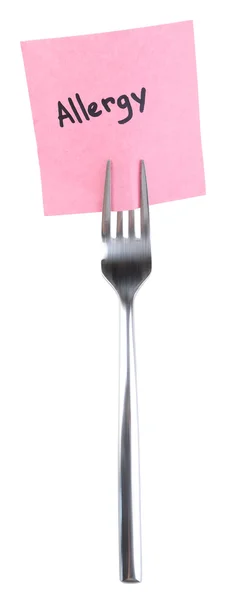 Note paper with message  attached to fork, isolated on white — Stock Photo, Image