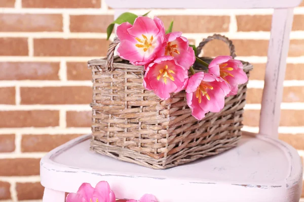 Belles tulipes roses sur fond de mur de briques — Photo