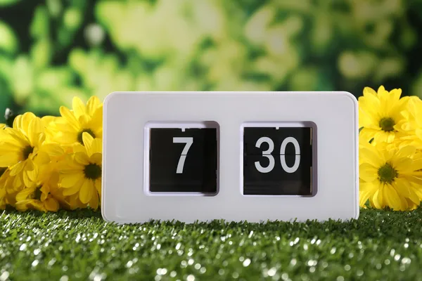 自然の背景に、緑の芝生の上のデジタル目覚まし時計 — ストック写真