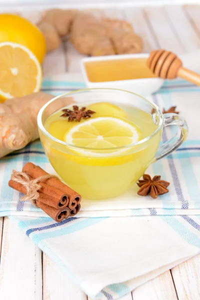 Healthy ginger tea with lemon and honey on table close-up — Stock Photo, Image