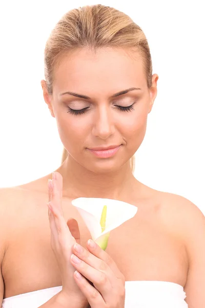 Beautiful young woman with white calla on white background close-up — Stock Photo, Image