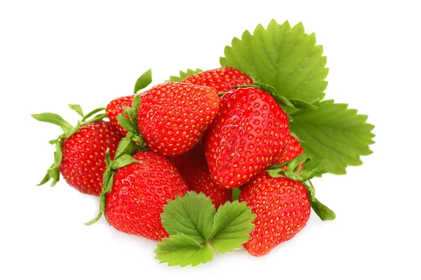 Sweet ripe strawberries with leaves isolated on white — Stock Photo, Image