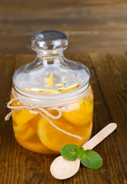 Tasty lemon jam on table close-up — Stock Photo, Image