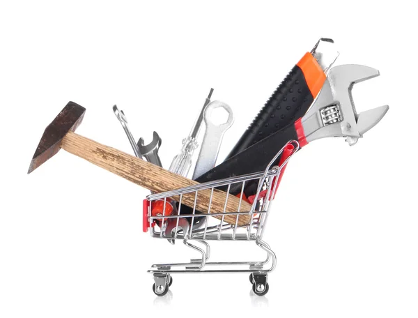 Construction tools in shopping cart isolated on white — Stock Photo, Image